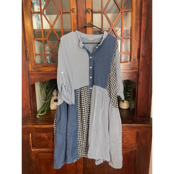 Alembika Womens Size 5 (12/14) Blue Striped Patchwork Button Down Dress - Picture 1 of 5
